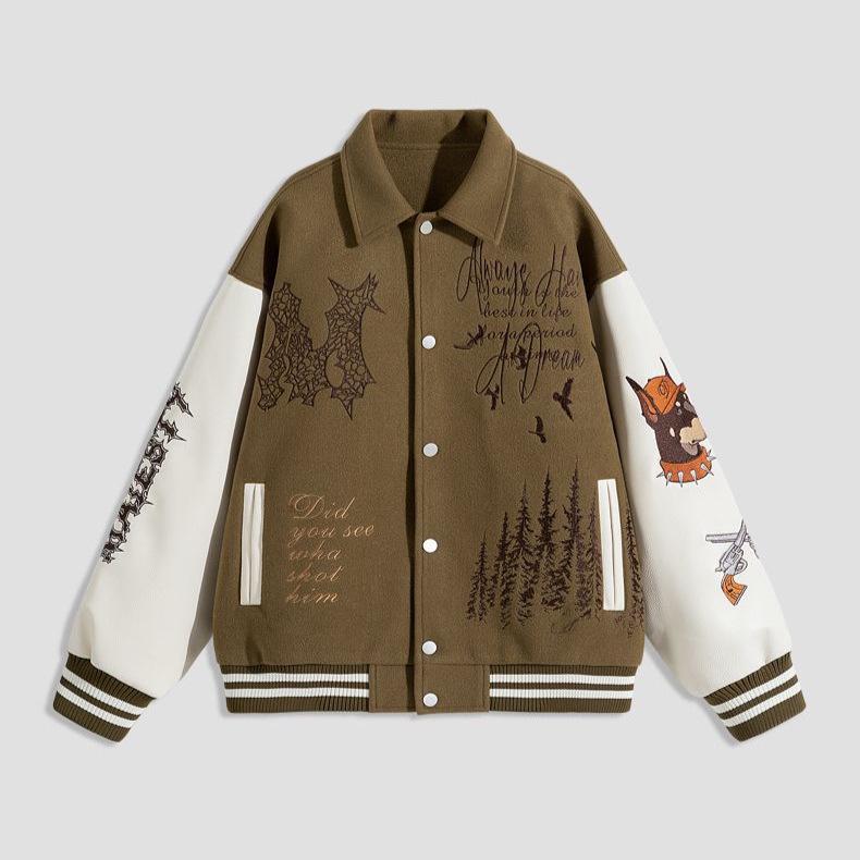 

Unisex Retro Starry Sky Wool Baseball Jacket with PU Leather Sleeves and Embroidery M