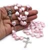 Catholic Pink Heart Bead Rosary Necklaces Mary Heart Cross Religious Amulets for Women Girl Jewelry Meditation Gift