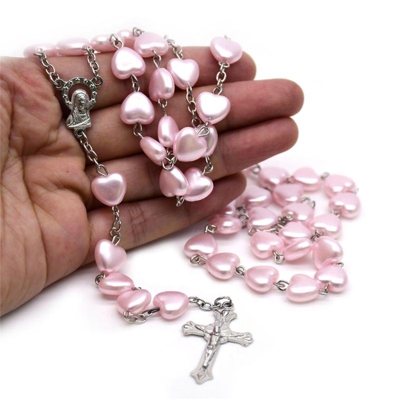 Catholic Pink Heart Bead Rosary Necklaces Mary Heart Cross Religious Amulets for Women Girl Jewelry Meditation Gift
