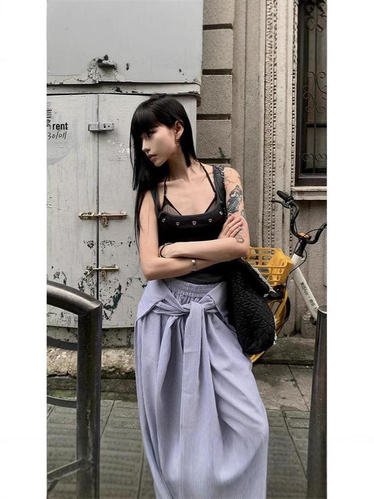 Trendy High-Waist Striped Wide-Leg Layered Pants