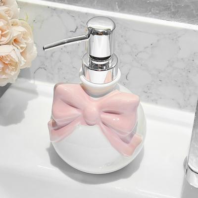 Pink Bow Soap Dispenser Refillable Shower Bottle Ceramic Press Pump Lotion Bottle for Liquid Hand Sanitizer Shampoo Bathroom
