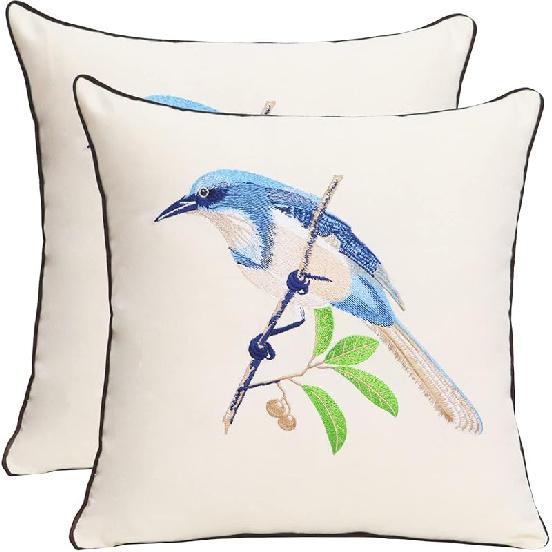 Set of 2 Embroidered Decorative Throw Pillow Covers Couch Square Pillowcases Cushion for Bedroom Sofa Farmhouse Decor 18x18 Inch (Blue Floral)
