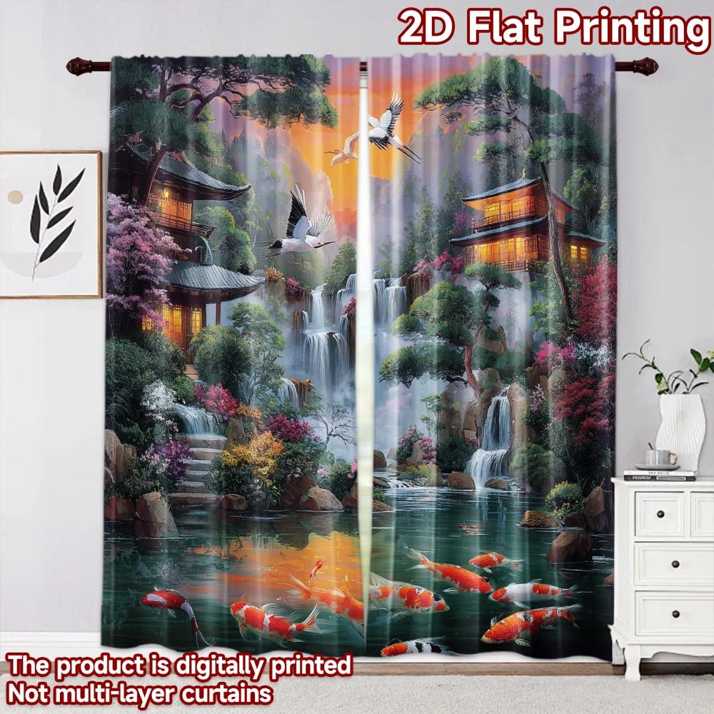 2D Flat Printing 2pcs Curtain Curtain Spring Waterfall Serenity Digital Printed Polyester Drapes Holiday Decorations Perfect for
