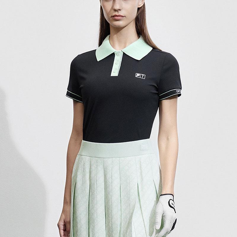 Fila Golf Series Letter Print Knitted Short Sleeve Polo Shirt Women Tops Deep-Black A11W415101F-BK