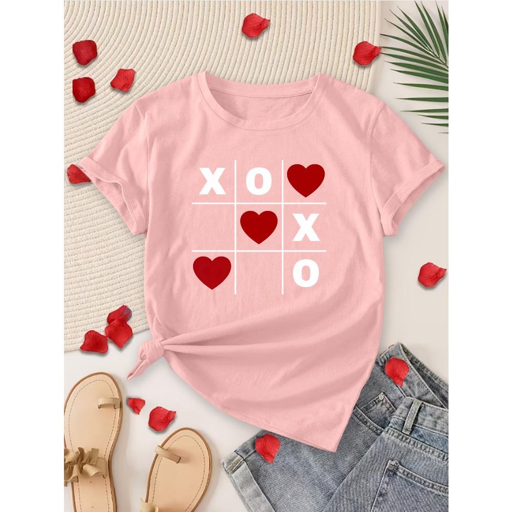 Valentine's Day Gift Women's Elegant Style Short Sleeve XO Love Well Grid Printed Round Neck Aesthetic Clothes