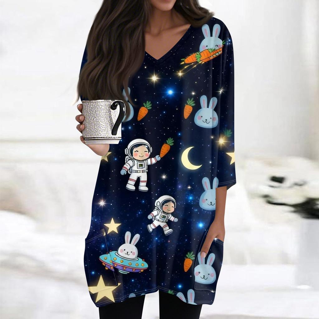 Womens Tops V-neck 3/4 Sleeve Blouses Casual Mid-length Shirts Fashion Print Tunic Tops With Pockets