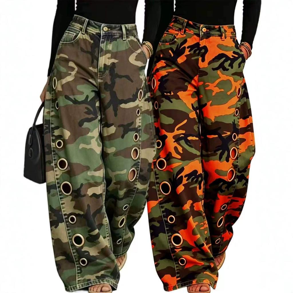 Damen Mid Rise Weite Beine Jeans Camouflage Print Ausgeschnitten Ösen Locker Denim Hose Lässige Streetwear Hosen