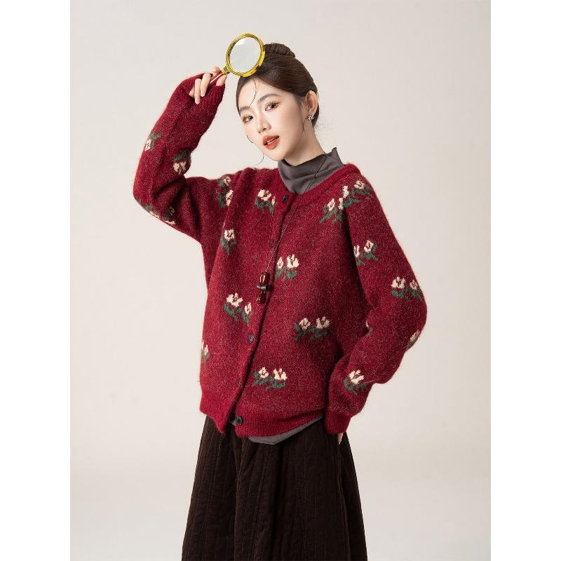 Vintage Green Flower Crew Neck Sweater Jacket Women's Autumn and Winter Loose Soft Waxy Knitted Cardigan Top