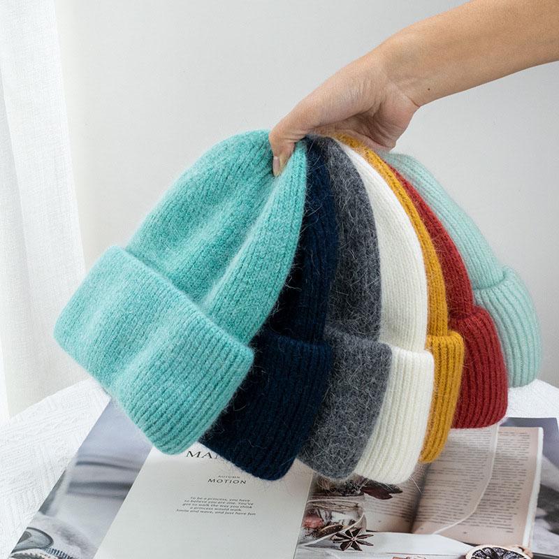Custom Logo Wool Beanie Hat Unisex Women Men Angora Wool Cashmere Knit Beanie Skull Hat Warm Winter Hat