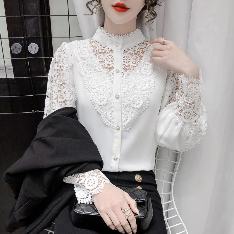 Frauen Spitze Blusen Blütenblatt Hülse Frauen Bluse Chic Taste Aushöhlen Blume Spitze Patchwork Weißes Hemd Top Weibliche Kleidung