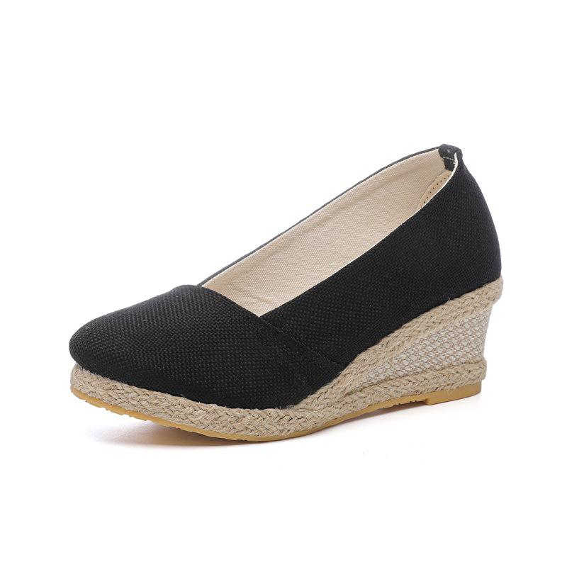 

2025 Spring & Autumn Women s Wedge Heel Shoes - European American Shallow Pointed Toe, Straw Braided Linen Style 40 чёрный