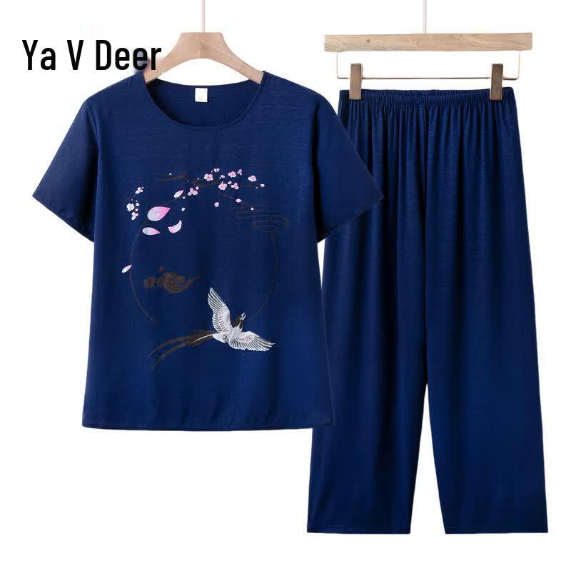 Elderly Women s Summer Cotton Blend Two-Piece Set B-2XL темно-синий
