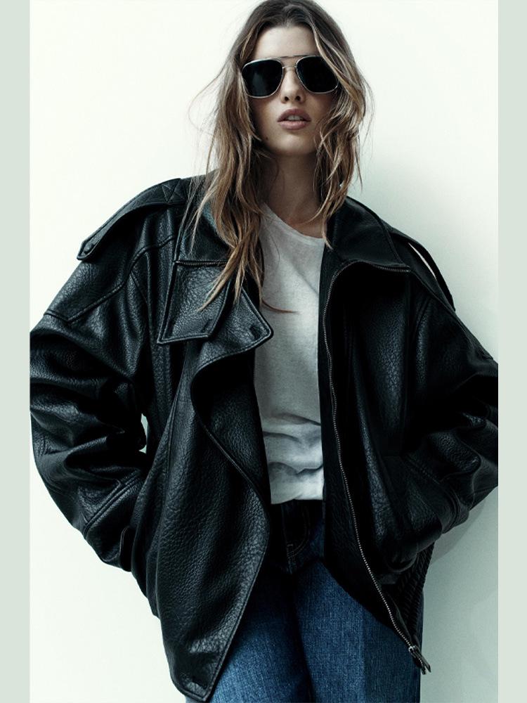 American High Street Biker Leather Jacket - 2025 Autumn/Winter Collection, Stand-up Collar, Stylish & Hot Item