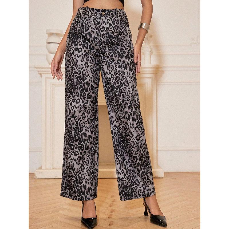 Pantaloni Larghi a Vita Alta con Stampa Leopardo da Donna Primavera 2026, Nuovi Pantaloni Casual Dritti Larghi