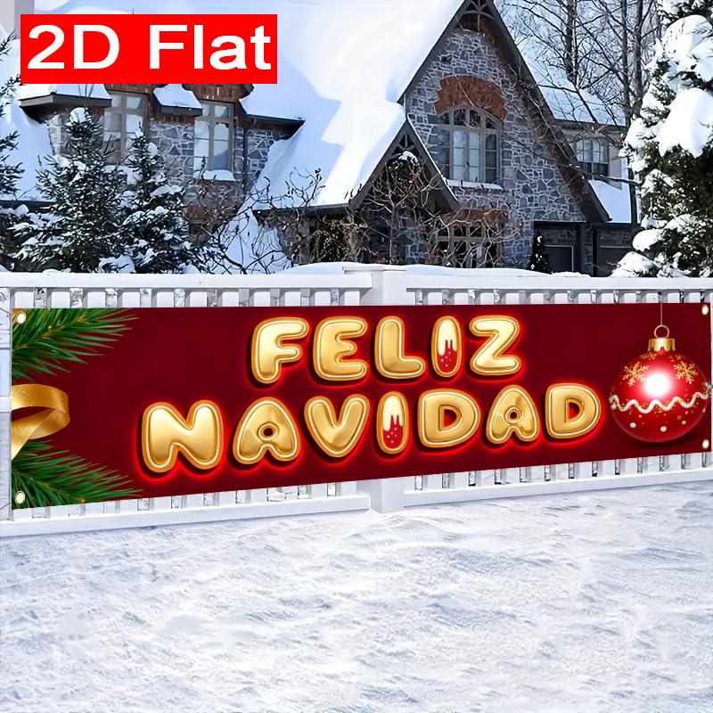 Spanish Christmas Banner, Red & Golden Spanish Lettering Design, Durable Polyester Outdoor Porch Fence Garden Party No Electricity Decoration
