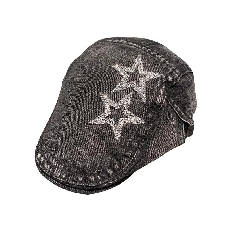 Washed Denim Newsboy Flat Caps Women Rhinestone Star British Duck Tongue Cap Artist Painter Berets for Travel, Shopping, Party