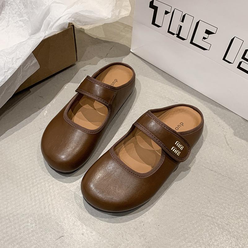 Mary Jane bag head half slippers women's outer wear spring and summer new inner height increase flat bottom Velcro drag