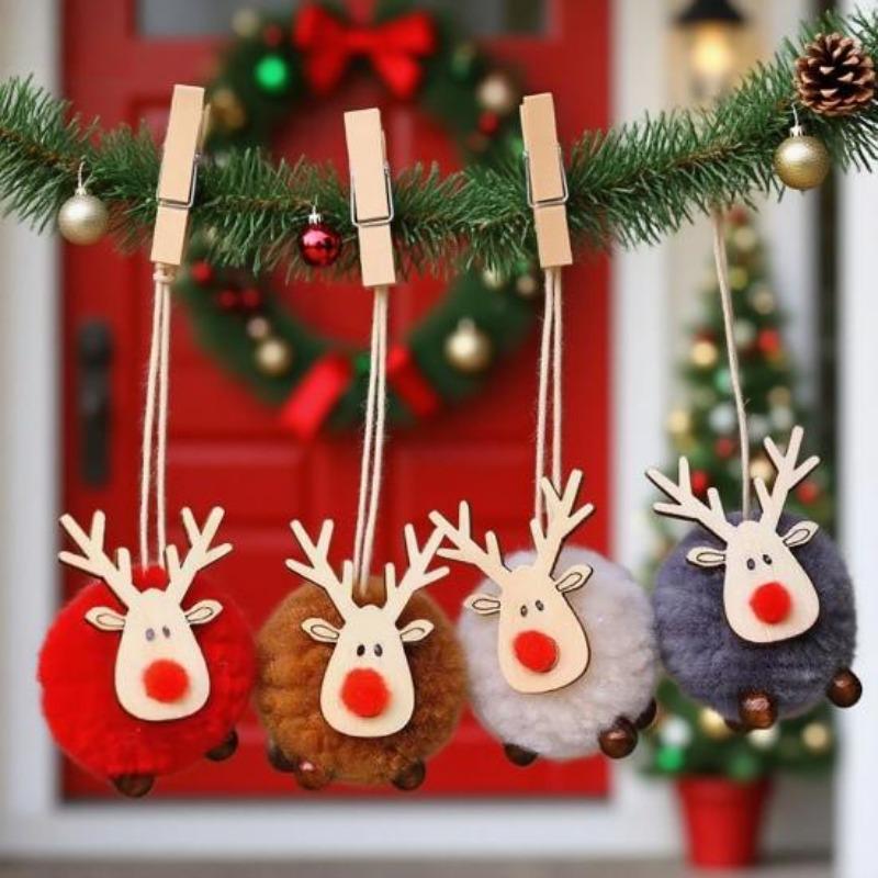 Pom Pom Reindeer Christmas Ornament Plush Elk Hanging Ornaments Wooden Deer Slices Xmas Tree Pendants for Home Party Holiday Decor