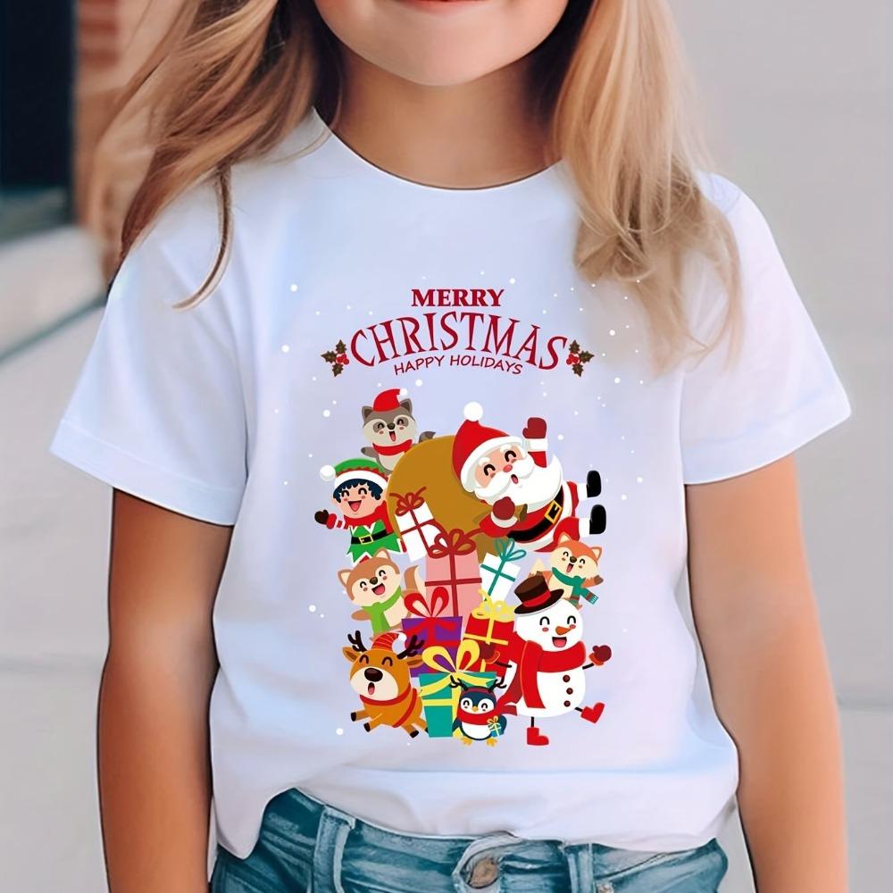 

Christmas Summer Fashion Girls Short Sleeved T-shirt with Santa Claus, Snowman, Cartoon Pattern Print 130