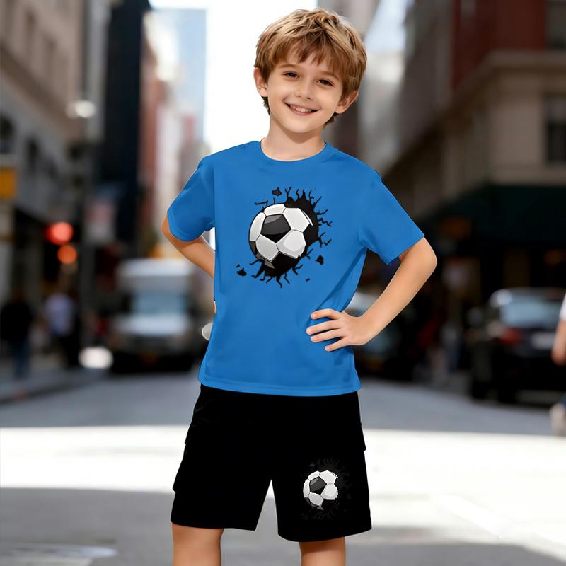 Boys 2 Piece Football Theme Outfit, Short Sleeve T-Shirt and Shorts Set for Kids Age 5-14, Black and White Sporty Casual Summer Clothes