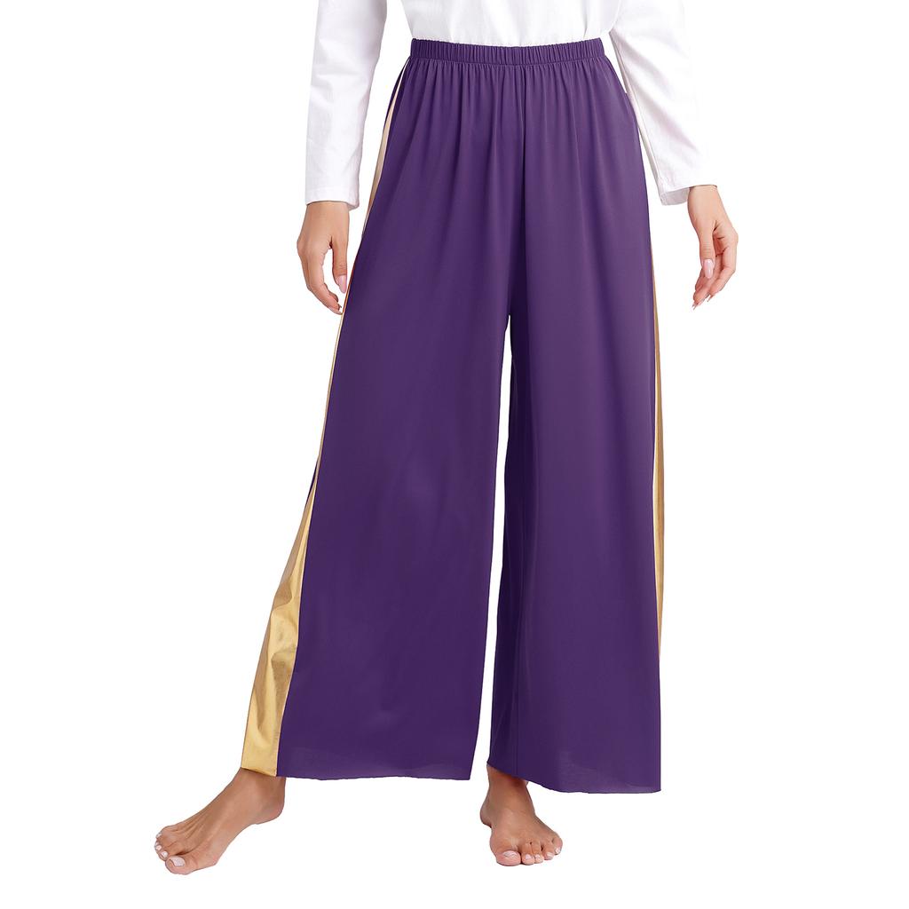 Womens Liturgical Dance Pants Metallic High Waist Elastic Waistband Wide Leg Loose Performance Trousers