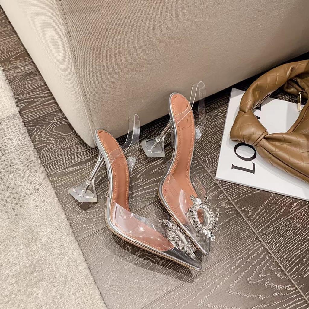 Flash diamond transparent high heels one word with pointed crystal thick heel sandals summer