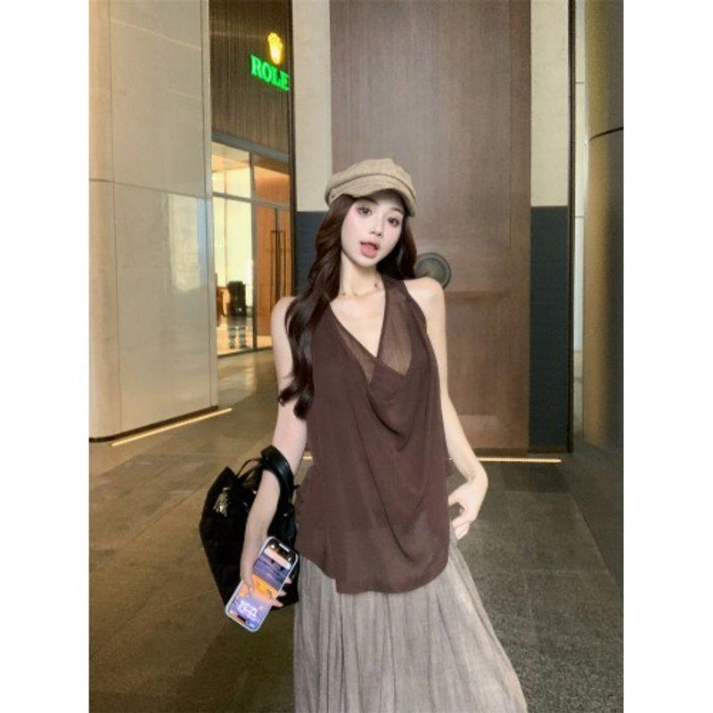 Kumikumi Design Sense Swing Collar Halter Top Sling Women Summer Loose Slimming Casual Pants Trousers Two-piece Set