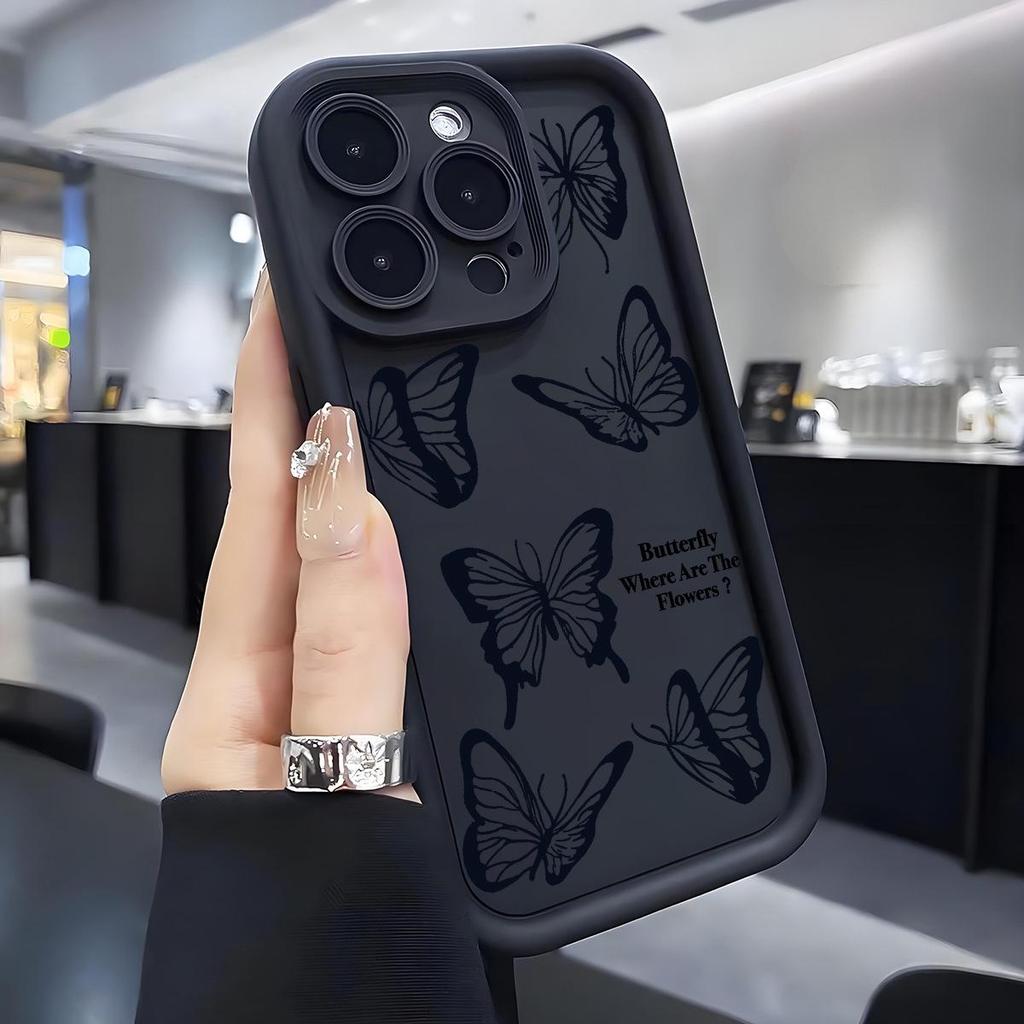 Black Butterfly Diamond Sand iPhone 15/16/17 Case with Eye Pattern Protection
