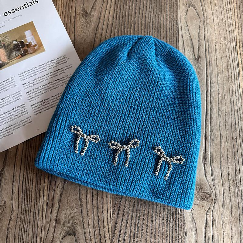 Fashion Color Solid Bow Decoration Women Casual Knitted Hat Autumn Winter And