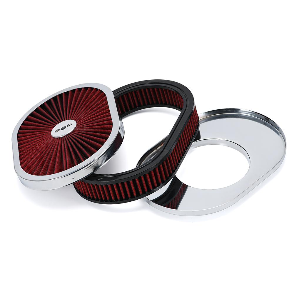 12"x2" Oval Air Cleaner Filter Assembly 5-1/8" Carb Neck W/ Flow-Thru Lid High Flow Chrome for GMC Chevy Ford Chryler Dodge