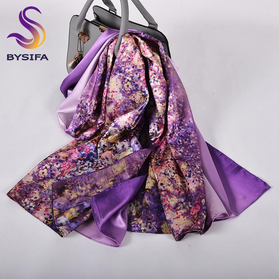 [BYSIFA] Fall New Silk Scarf Hijab Printed Elegant Green Plum Blossom Satin Long Scarves Shawls Winter Women Accessories Wraps