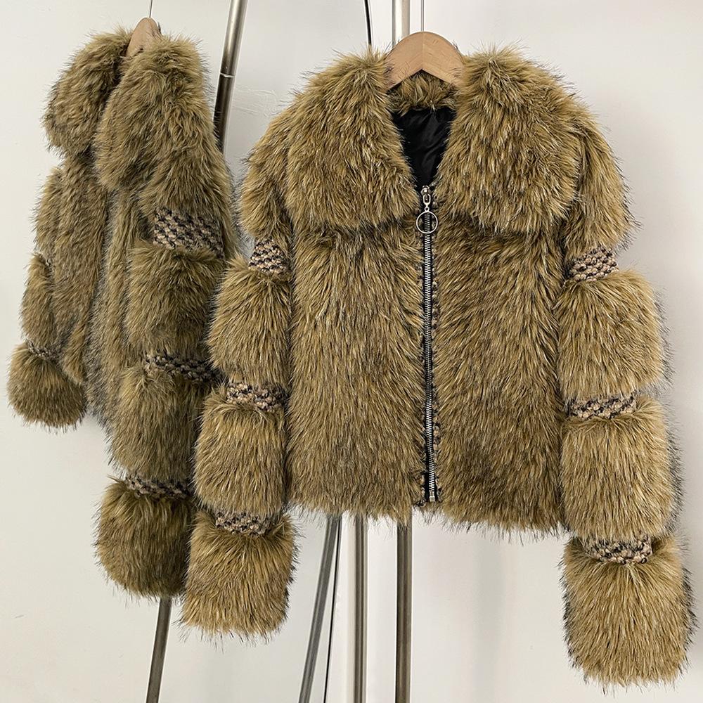 Autumn and winter simulated raccoon hair wool woven jacket women's short thickened high-end environmentally friendly fur European and American
