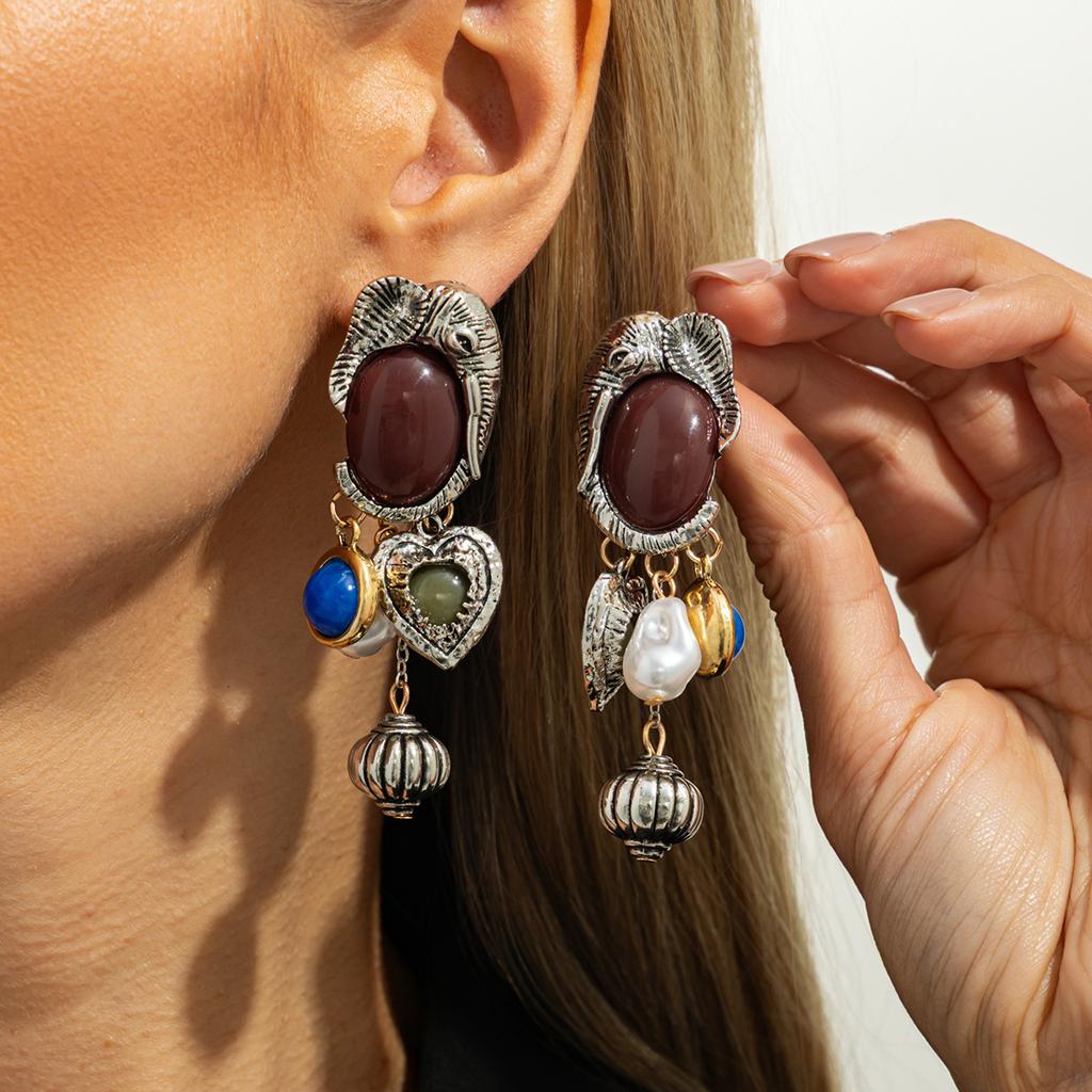 retro Multi-Color Inlaid Gemstone Pearl Pendant Stud Earrings Fashionable Three-Dimensional Flower Ear Jewelry