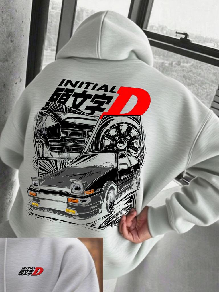 Drift‑auto Men Hoodie Front Plain Chest Area, Back Retro JDM Racing Car With Bold Letter Graphic Pullover For Trendy Daily Street Outfits