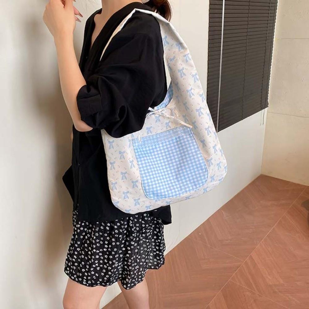 Sweet Double-sided Shoulder Bag Lace Decoration Korean Style Women Bow Printed Handbag Versatile Polyester