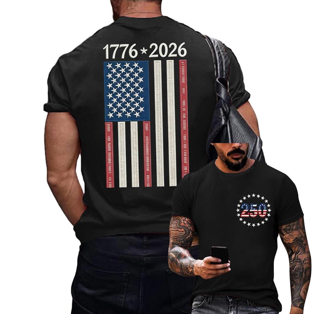 Men's Crew Neck Short Sleeve T Shirt with Printed Graphic Design 1776 2026 and Vertical Flag Pattern Casual Loose Fit Top