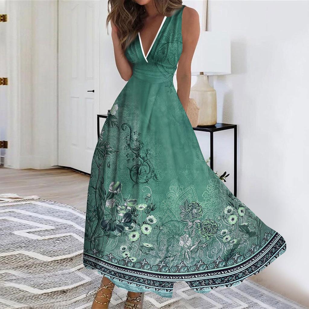 Women's Summer Fashion Retro Floral Print V-Neck Sleeveless Waistless Casual Dresses