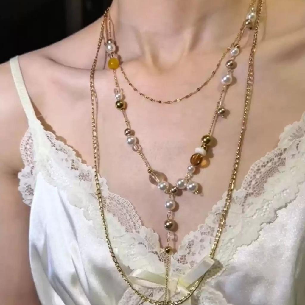 European and American retro pearl multi-layer splicing flower necklace women's ancient style niche exaggerated high-end neck chain collarbone chain