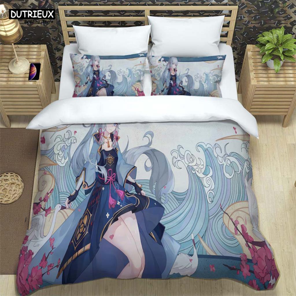 Genshin Impact Bedrucktes Polyester Bettwäscheset Für Jungen Und Mädchen Dreiteilig Bequem Weich Paar Geschenk Bettwäschesets