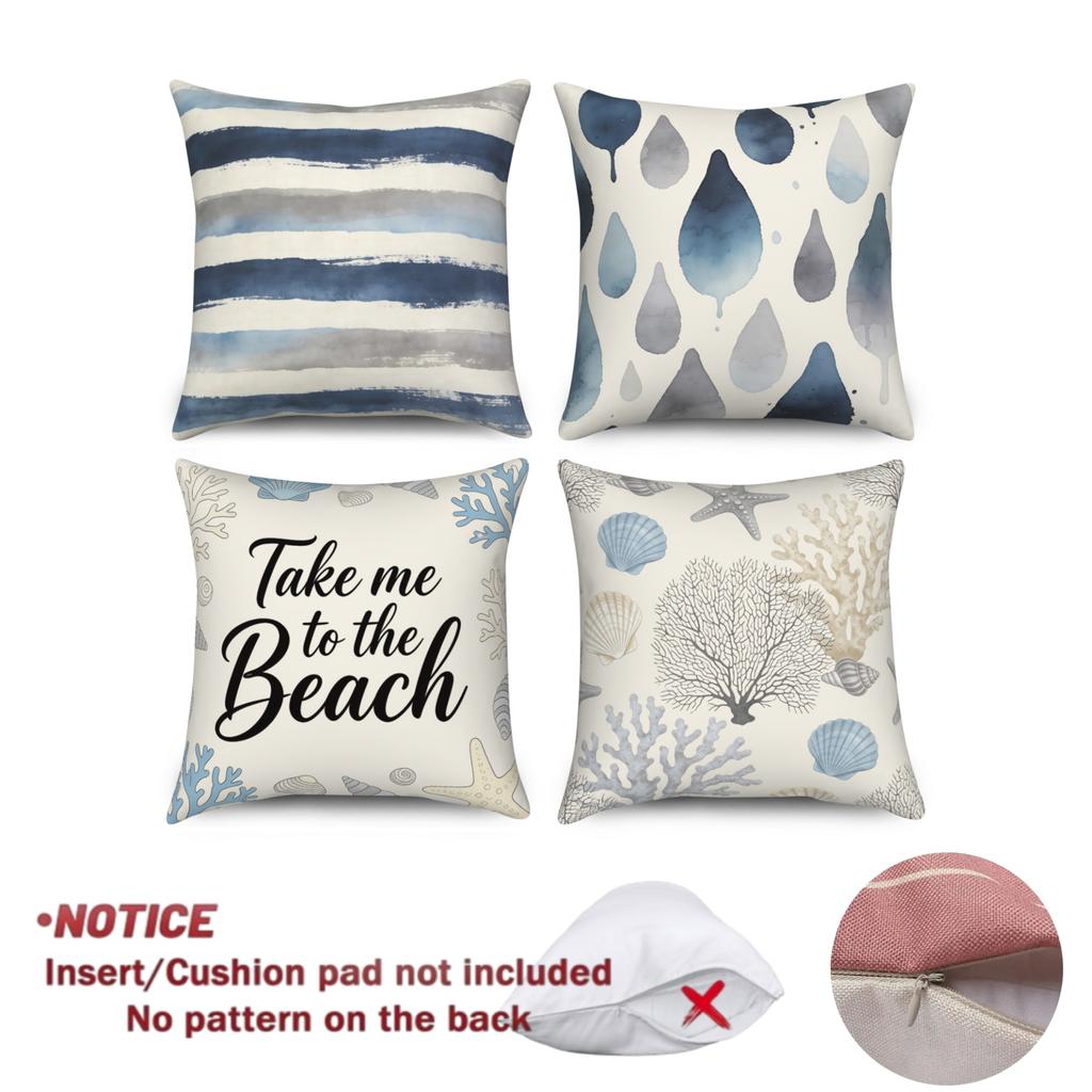 Set Of 4 Nautical Beach Pillow Cases Watercolor Blue Stripe Print Pillowcovers Optional Polyester Linen Fabric For Home Decor