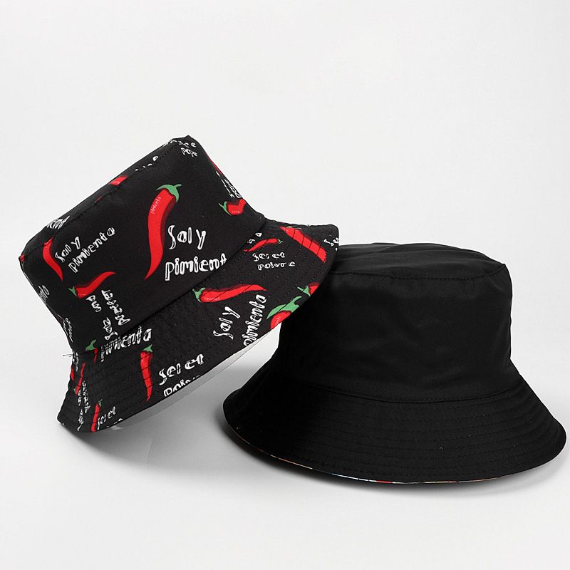

Летняя новинка Креативный принт Перец чили и овощные буквы Двусторонняя панама Мужская и женская повседневная трансграничная защита от солнца Солнечная шляпа Black M(56-58cm)
