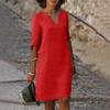 Women Summer Casual Retro Cotton Linen V Neck Dress Light Breathable Half Sleeve Solid Color