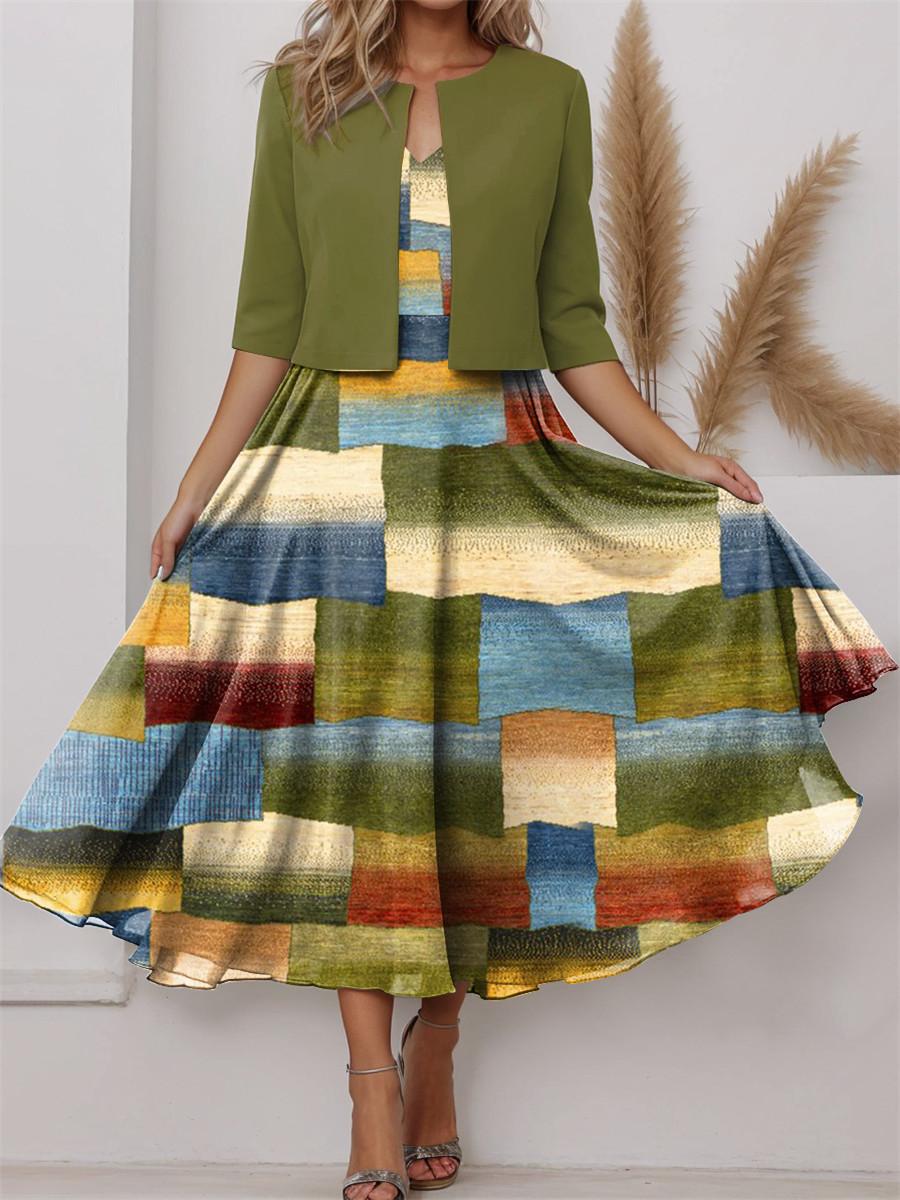 

Женское макси-платье в стиле пэчворк с цветовыми блоками и коротким жакетом оливкового цвета S