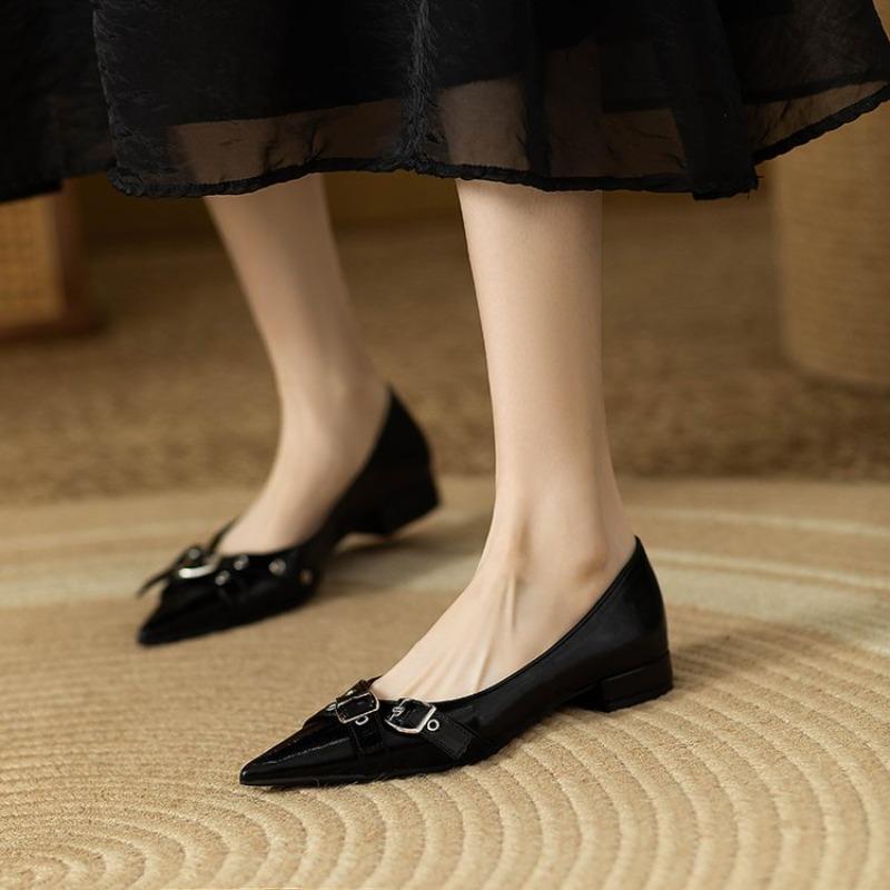 Low Heel Single Shoes Autumn New Pointed Toe Shallow Mouth Metal Belt Buckle Cover Foot Soft Sole Non-Slip Low Top Shoes