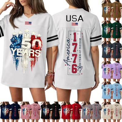 Damen Casual Mode V-Ausschnitt Sport Unabhängigkeitstag Druck Kurzarm Sport T-Shirt Top