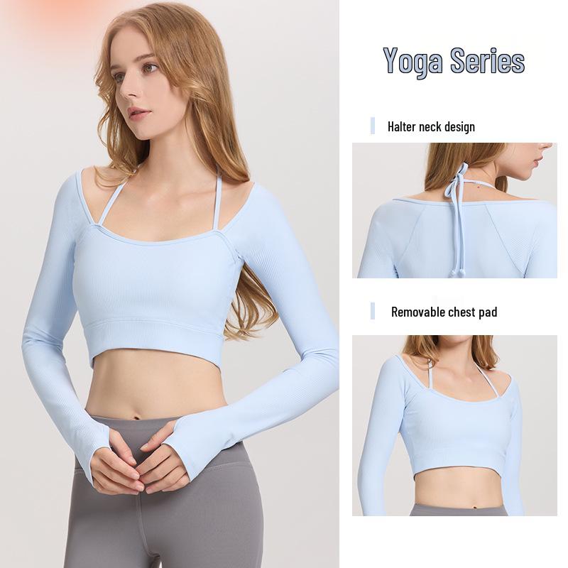 Women's Ribbed Halter Neck Yoga Top with Long Sleeves and Pads - High Elastic Cropped Fitness Top for Autumn/Winter