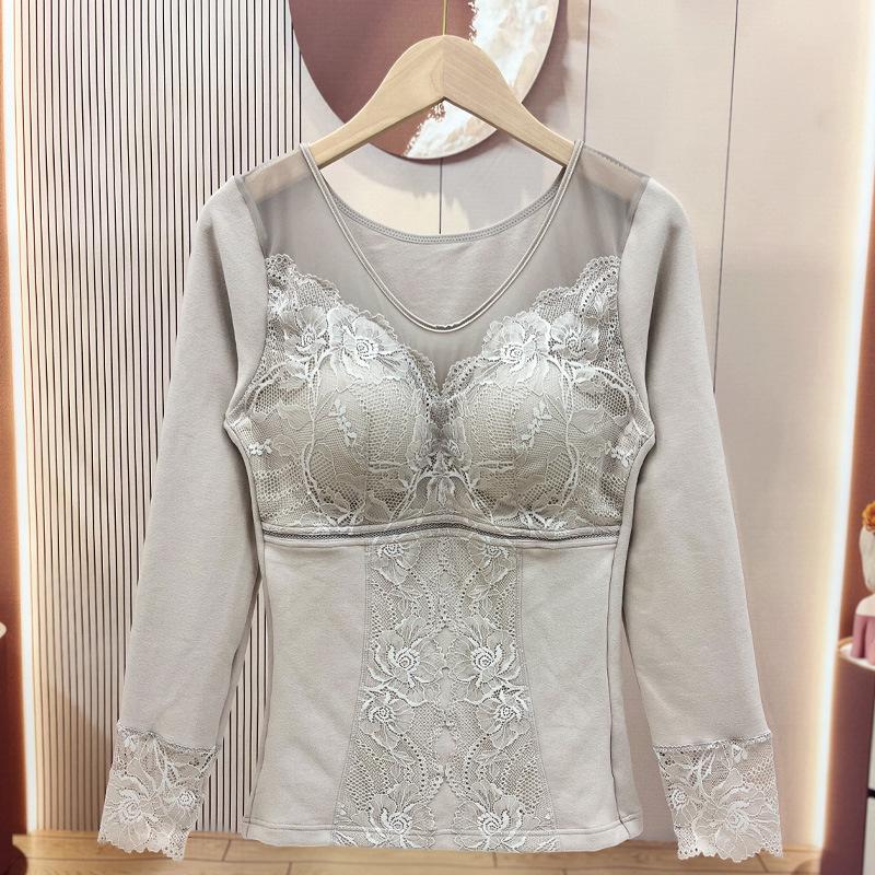

Бархатный женский топ-базовый слой с кружевом на флисовой подкладке - Утепленный, теплогенерирующий с длинным рукавом для осени/зимы XXL (63-73 kg) серый