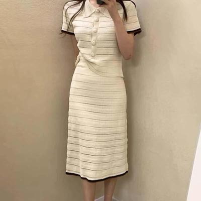 Stylish Hollow Knit Polo Two-Piece: Short-Sleeve Top & Skirt Set