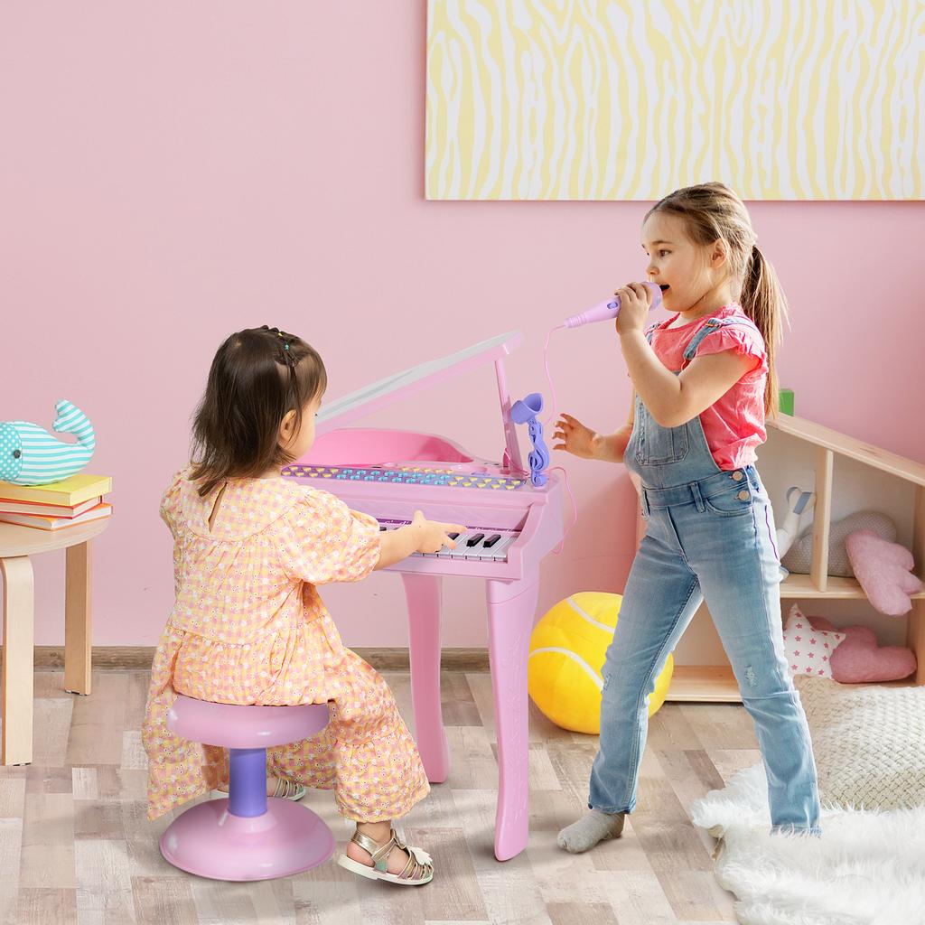 Tastiera per Bambini con 37 Tasti, Pianoforte con Sgabello e Microfono, Modalità di Apprendimento LED, Registrazione, Strumento Musicale Pianoforte per Bambini di 3-6 Anni Rosa