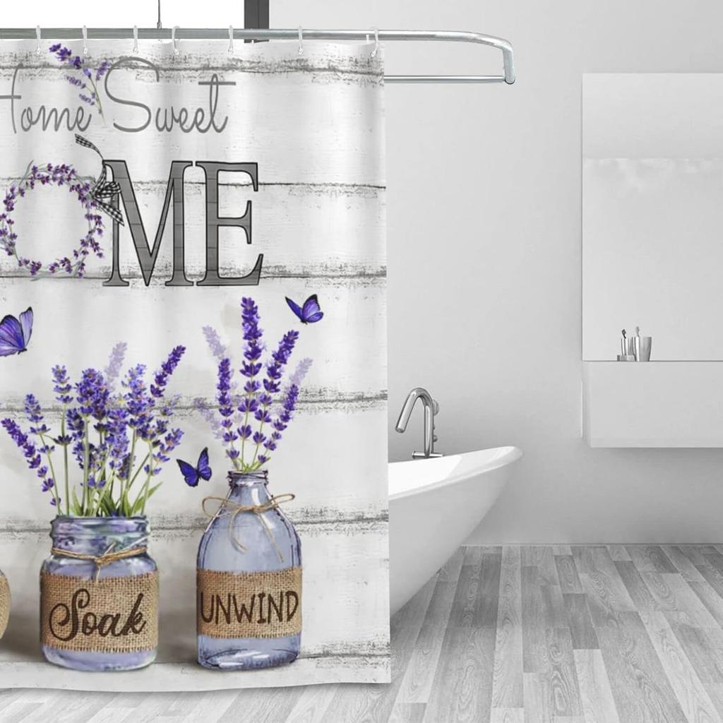 Tijuboni Purple Lavender Shower Curtain Farmhouse Flowers Shower Curtains for Neutral Country Bathroom Decor Rustic Butterfly Sh